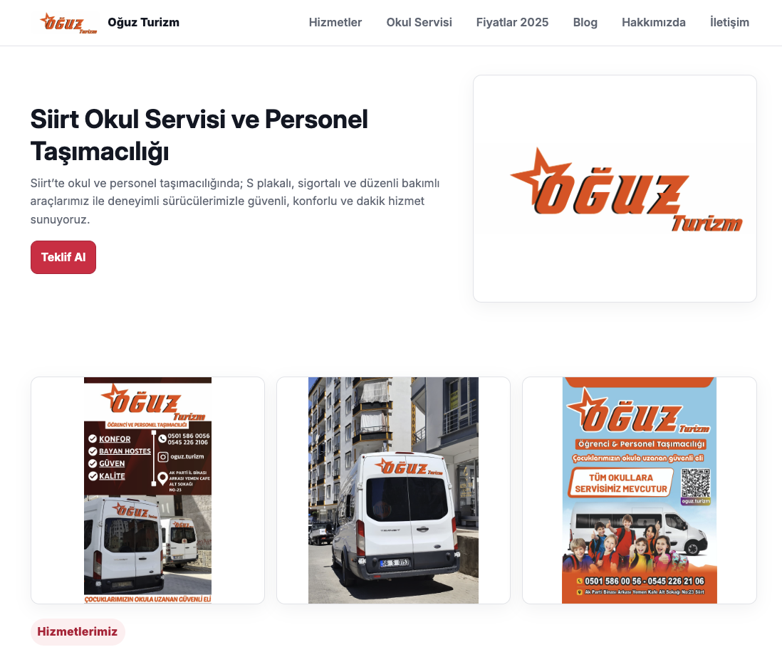 Oğuz Turizm web sitesi — okul servisi ve personel taşımacılığı